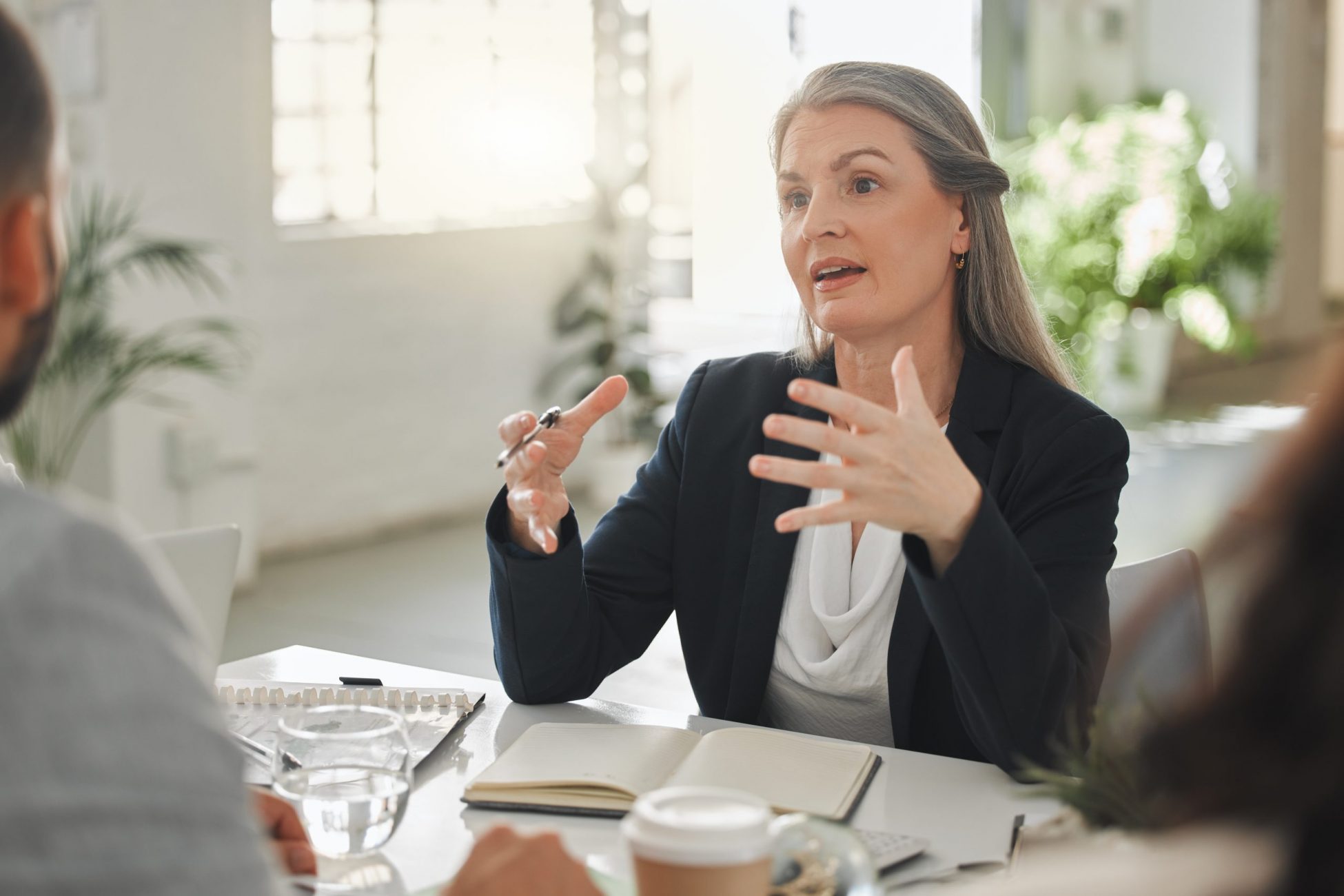 Business meeting, lawyer and client, discussion and explanation of policy, legal advice and law firm. Ideas, attorney and mature woman with entrepreneur, contract and planning for trademark in office tłumaczenia prawnicze